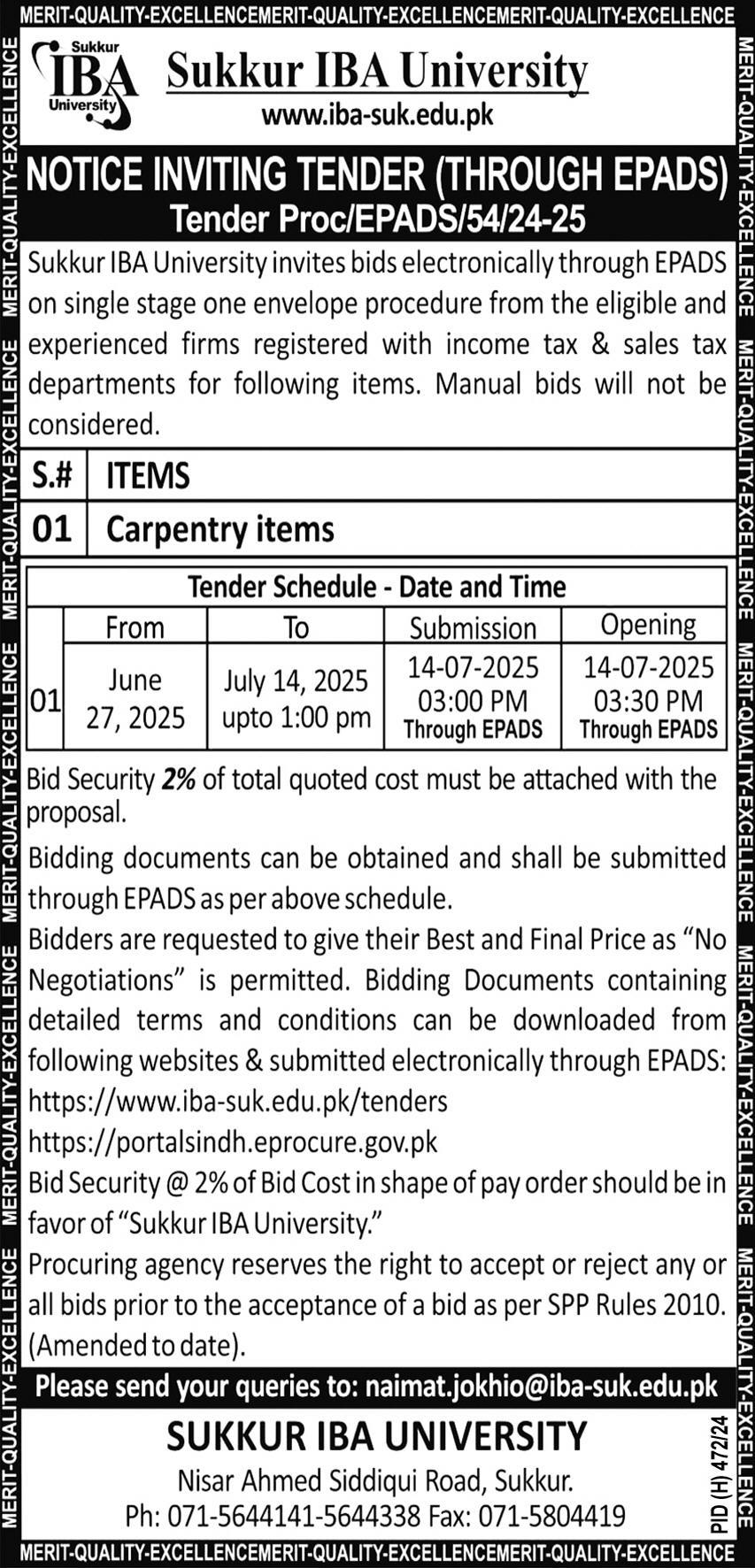 Sukkur IBA University Sukkur Tender Notice